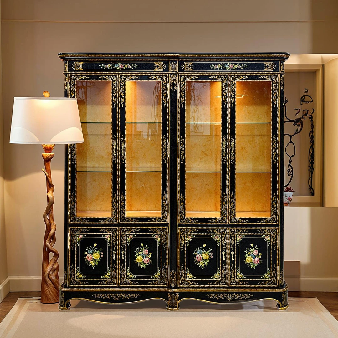 【本尼家】YS75法式中国风黑布裂纹底手绘花卉图案展示饰品柜陈列柜