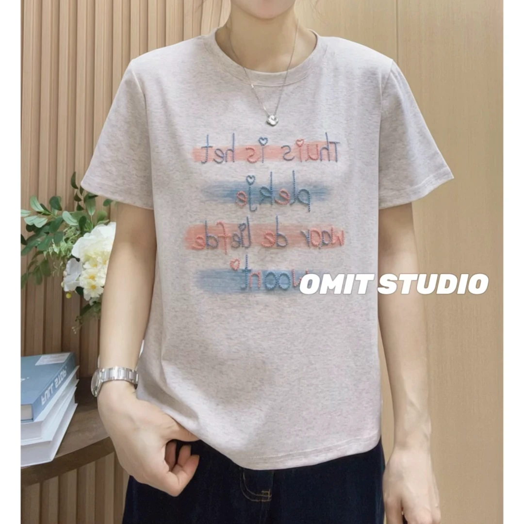 【彩绘刺绣T2】新款正肩立体拱桥绣工艺韩版修身短袖