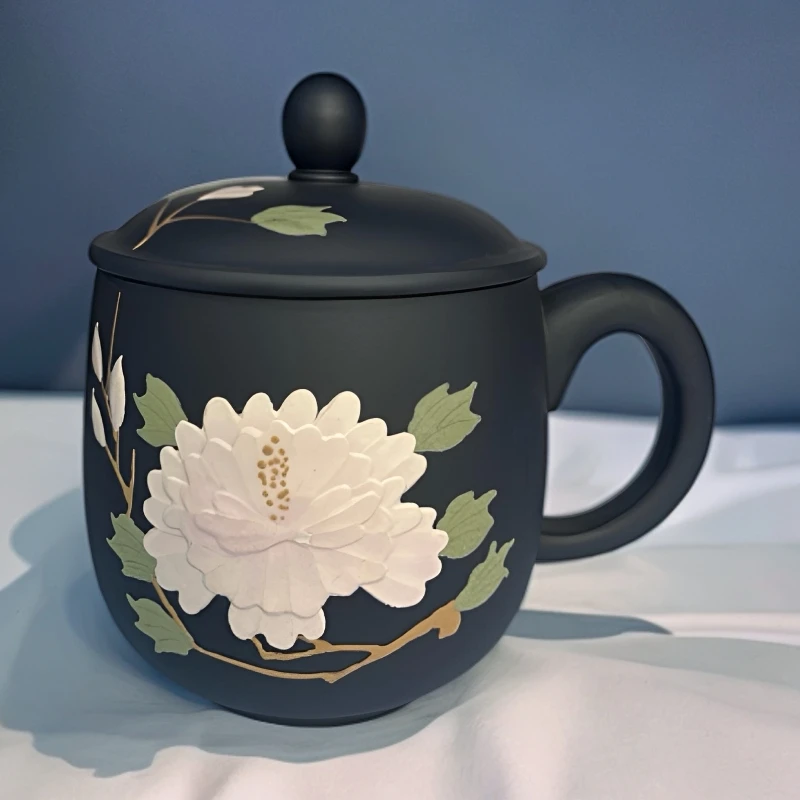 宜兴原矿紫砂纯手工高档石黄龙蛋变色杯牡丹花带盖全手工