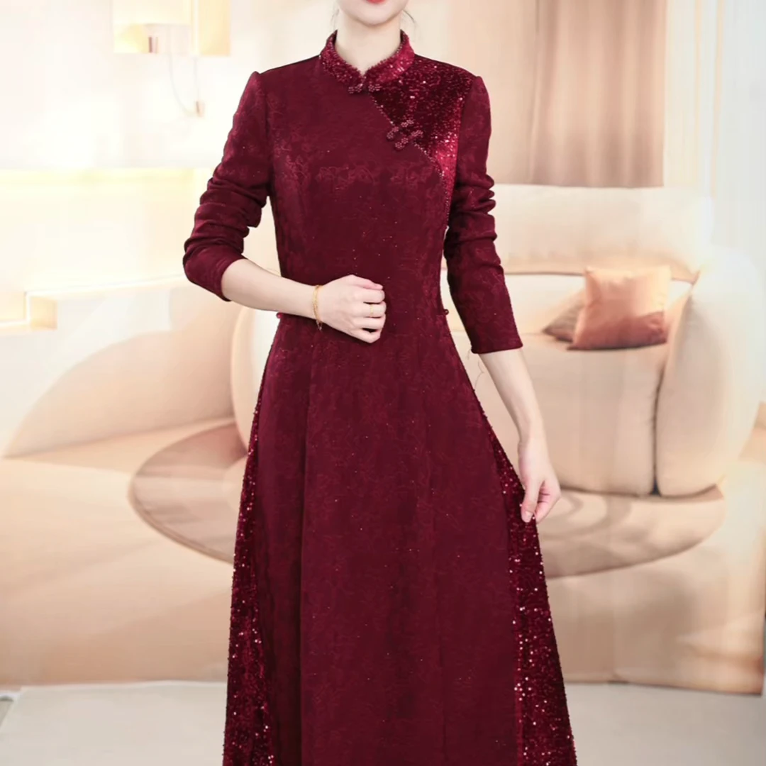 【亿沐阁】冬季新款加绒加厚精致新中式气质显瘦时尚优雅长袖连衣裙