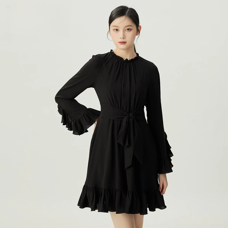 哥弟轻奢不规则花边袖垂感小黑裙轻礼服长袖连衣裙中裙女1500504