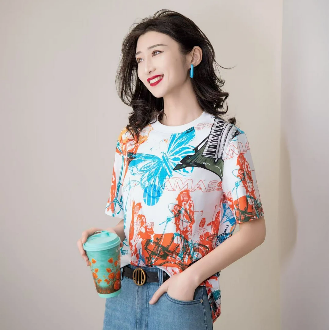 阿玛施AMASS【米兰假日】时尚百搭显瘦宽松印花T恤530092