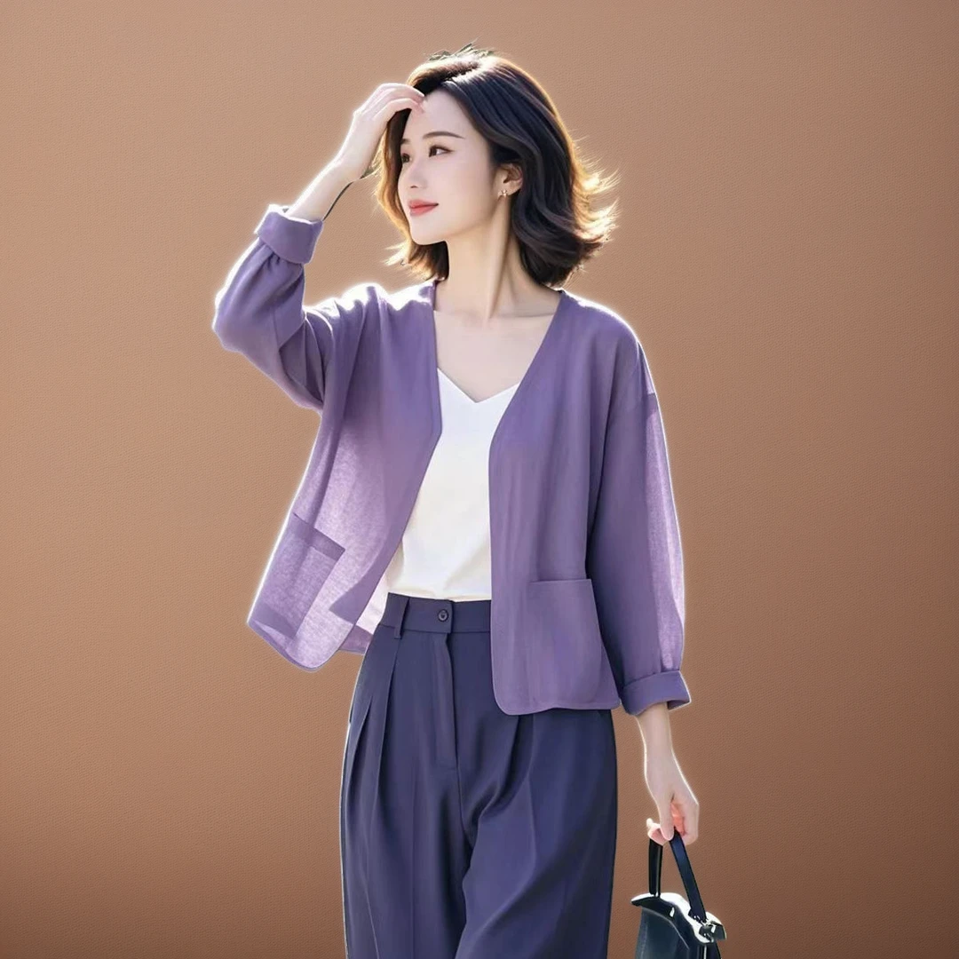 复古休闲纯色开衫女薄款宽松短外套七分袖漂亮春夏季上衣2025独特