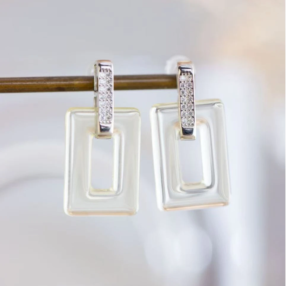 925银耳饰 智性风方形透明耳坠 温柔百搭简约设计女士耳饰