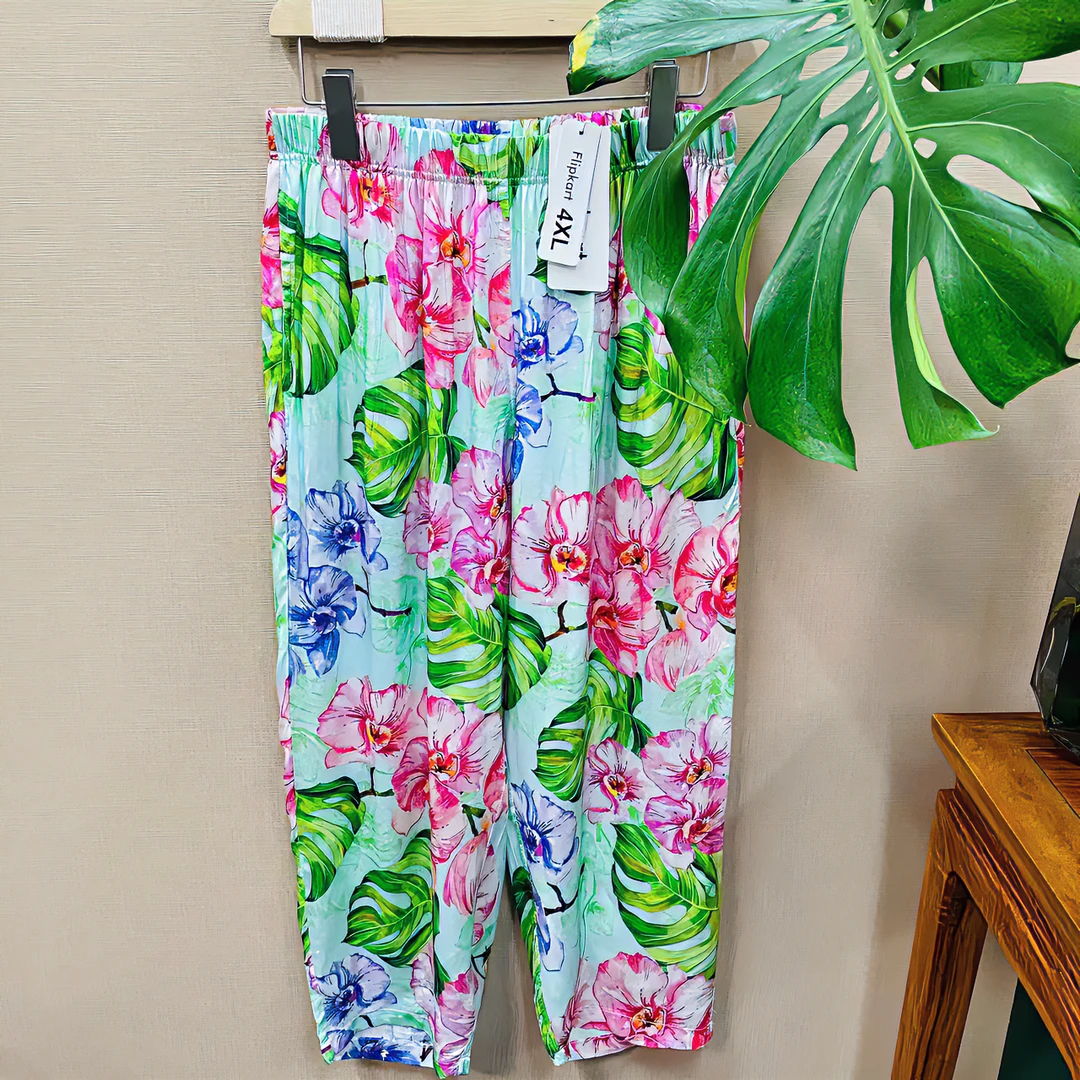 人丝缎印花女碎花高腰可外穿家居裤时尚宽松百搭防蚊裤