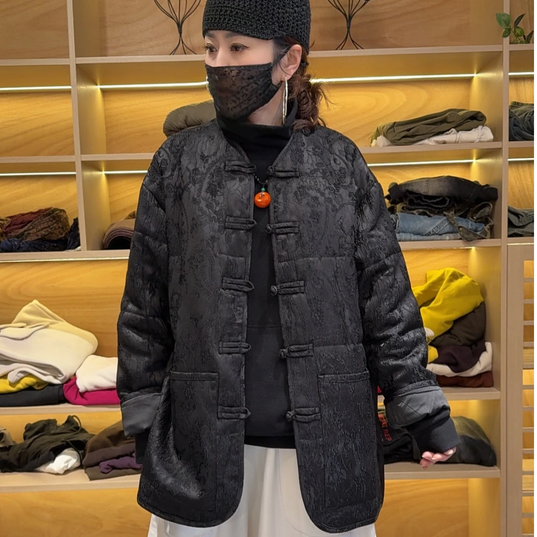 25543新款中式国风薄棉复古提花盘扣黑色外套