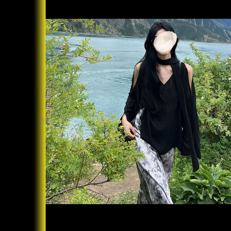 （飘带黑纱）小众独特高级感气质休闲露肩时尚衬衫薄款上衣8601