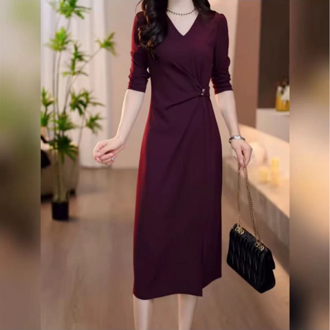 MLD-01秋季新款樱桃红色V领收腰系带优雅时尚气质多巴胺服装女