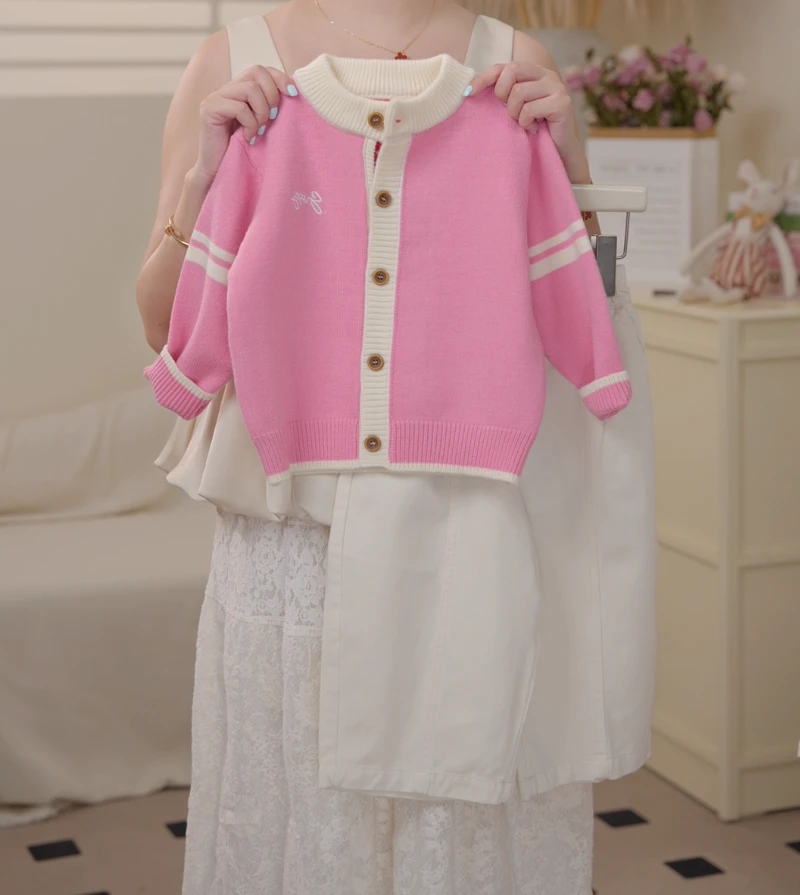 2025秋季新款韩版学院风粉色针织毛衣棉布休闲裤套装时尚