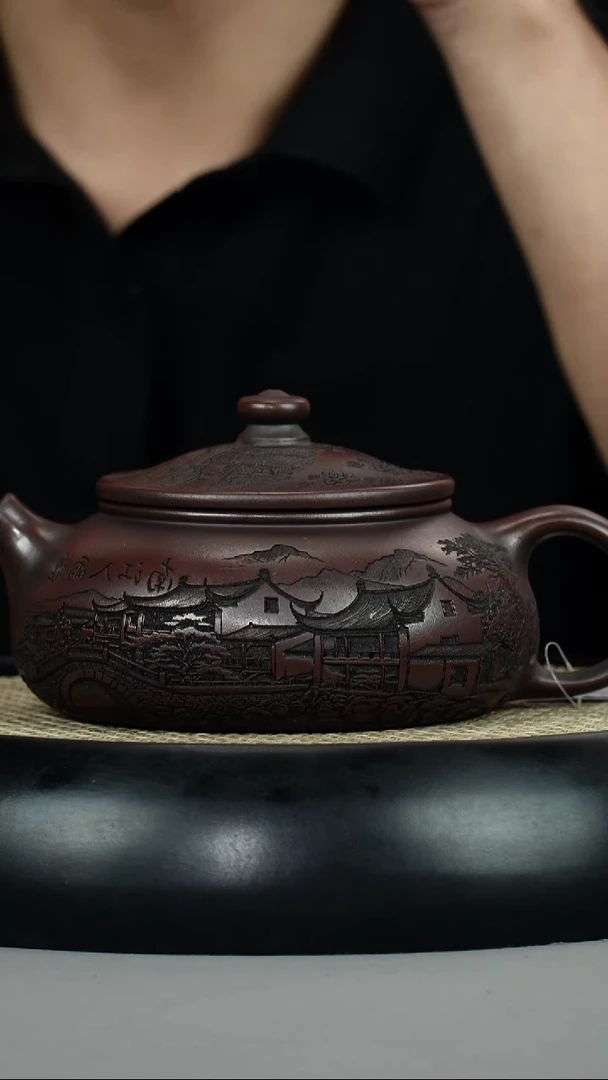 茶壶紫砂古乌泥 寒江 刻绘山水