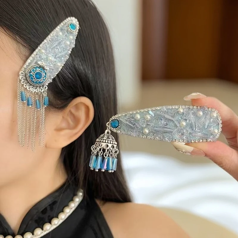 宝石蓝色闪钻珍珠民族风前额流苏边夹女个性气质发卡发饰