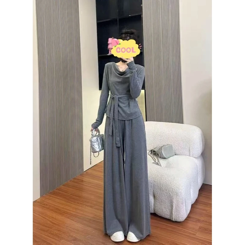 大码韩系穿搭辣妹纯色上衣高腰垂感阔腿裤套装女9896#
