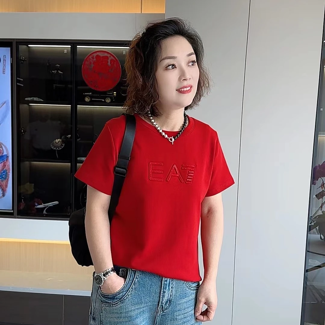 【卿她】烫钻短袖T恤2025春夏新款女时尚休闲圆领针织上衣ins春季
