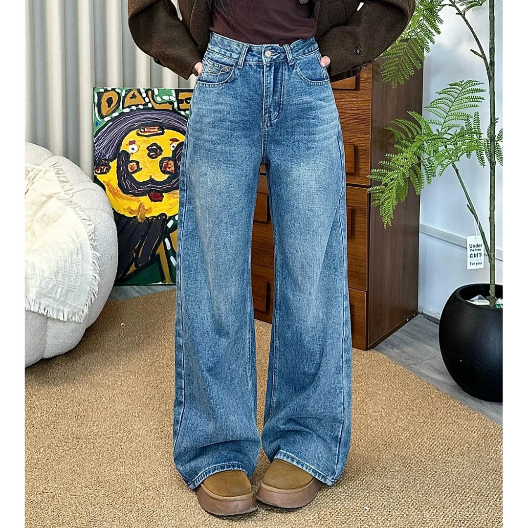 刺绣高腰复古牛仔裤直筒休闲显瘦