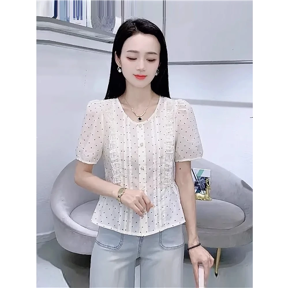 时尚洋气法式短袖衬衫女2025夏季新款气质显瘦波点小衫减龄上衣潮