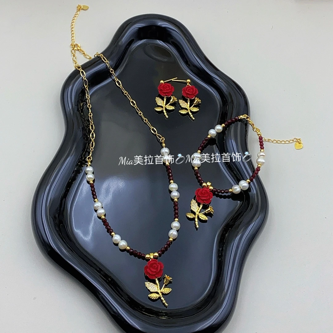 钛钢亚克力项链 三件套手工气质时尚百搭复古编织红色小众手工