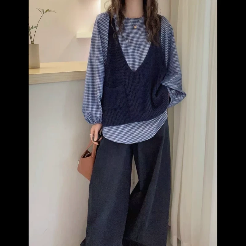 CYM2030早秋新款欧货针织背心格子长袖衬衫春秋衬衫两件套上衣