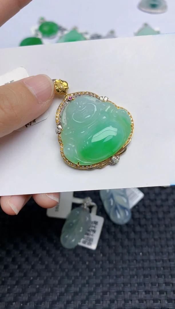 翡翠18K金镶嵌颈饰天然缅甸A货翡翠百元以上9元证书费自理