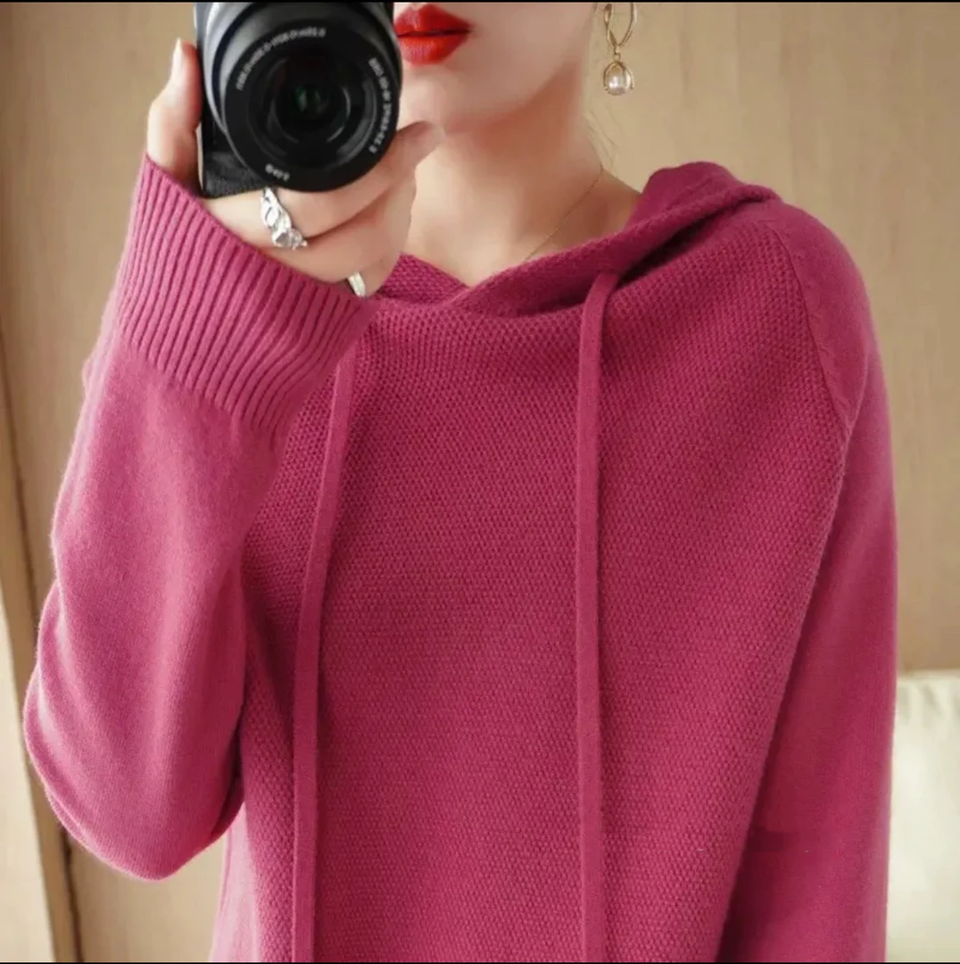 新款连帽针织衫女毛衣休闲显瘦卫衣宽松打底衫时尚大码上衣