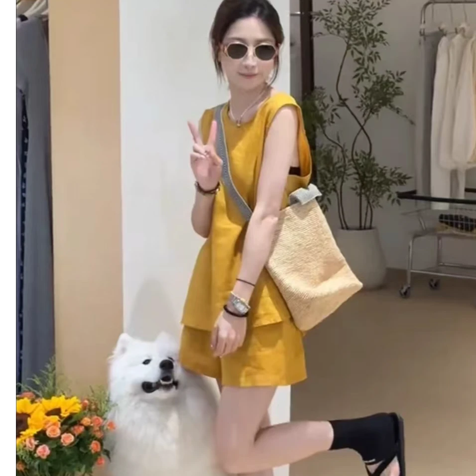 【韩国上衣+短裤两件套】气质简约冰冰凉凉麻麻料正品无袖套装