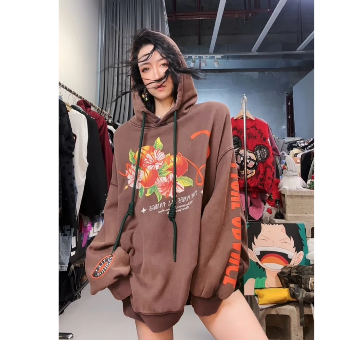 奇奇家 福利 热点 加绒！花朵印花连帽大版卫衣