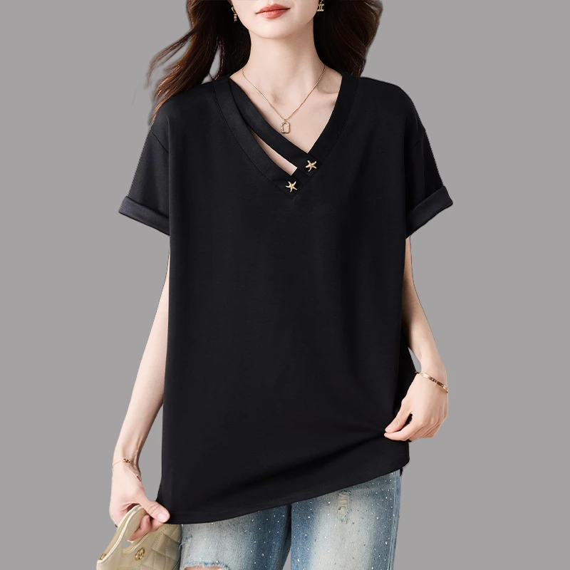 黑色V领短袖t恤女夏季2025新款时尚减龄宽松休闲显瘦正肩体恤上衣