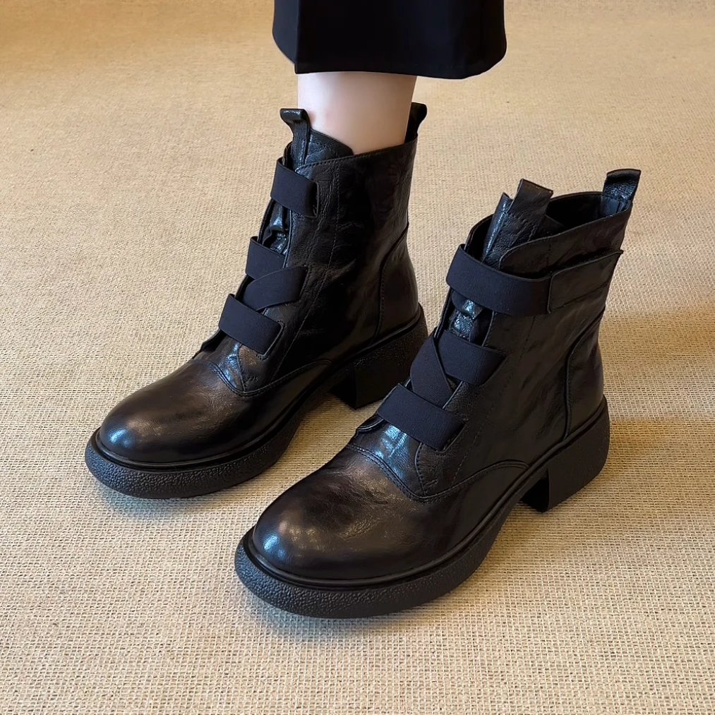 RubyL/5cm简约通勤舒适百搭交叉带魔术贴圆头厚底粗跟马丁靴女款