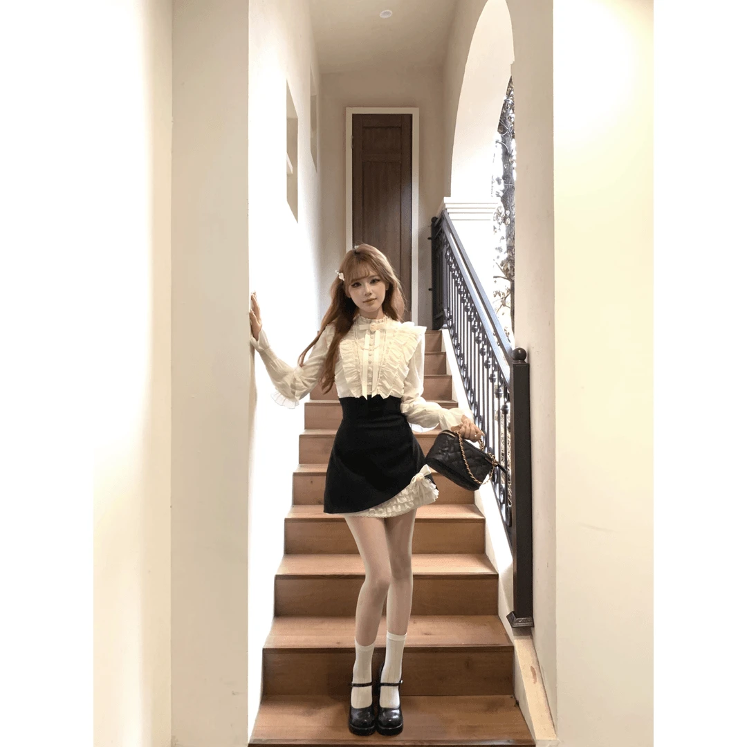 【萝拉小姐】法式气质高级感衬衫千金风高腰半裙两件套装女22885#