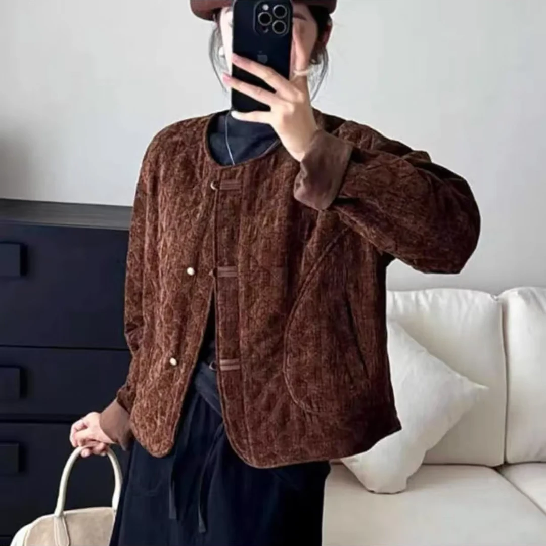 6192【58】丝绒菱格外套中式女秋冬新款宽松显瘦百搭休闲外穿上衣