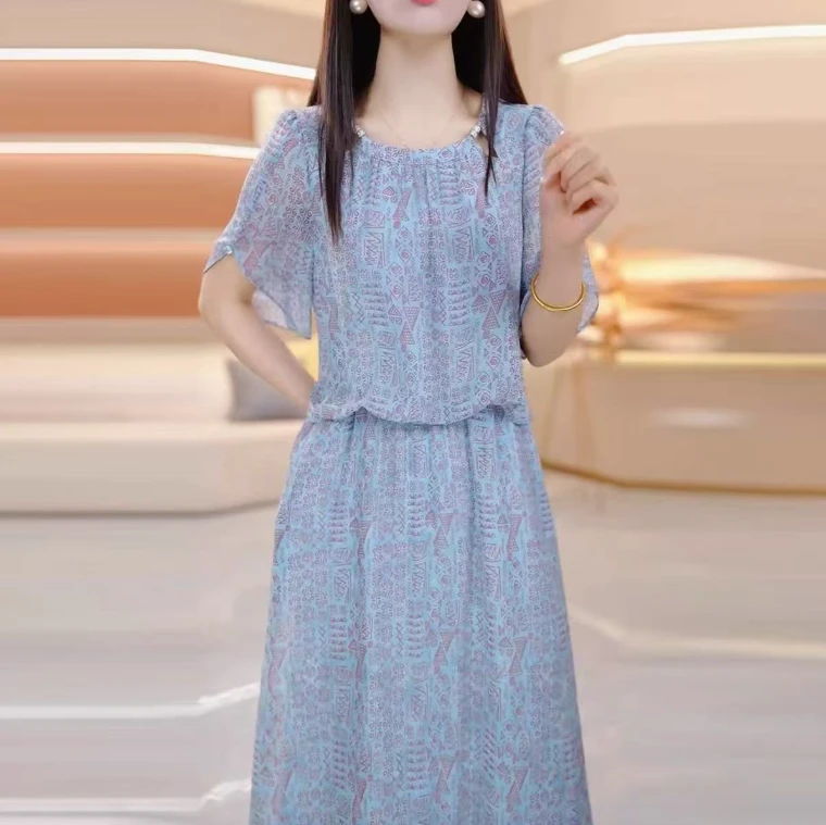 2025套头短袖中长裙夏季圆领连衣裙减龄洋气设计感新中式时尚宽松