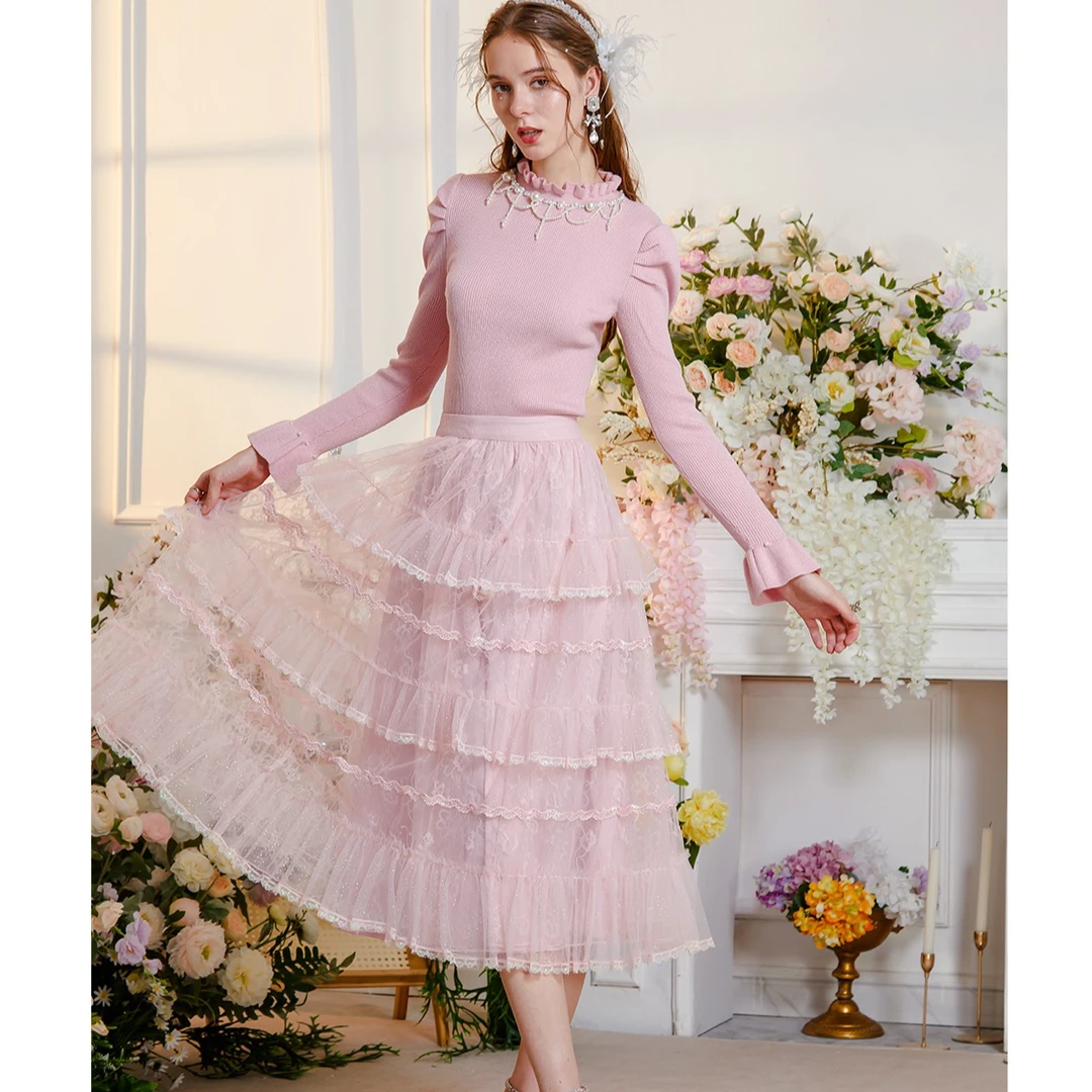 花儿开了2023冬季新款法式蕾丝网纱半身裙女公主风中长款蛋糕裙子