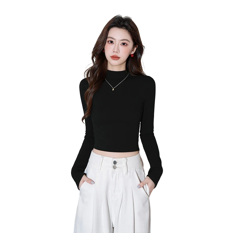 黑色半高领长袖打底衫女2025年新款高腰露脐短款百搭上衣 TL2717