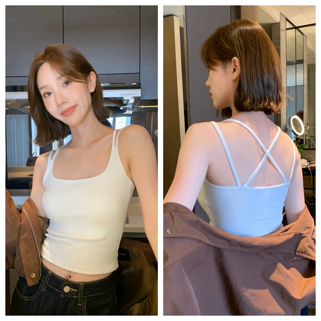 【小仙女】交叉美背吊带背心女外穿带胸垫显瘦内搭短款上衣打底性感