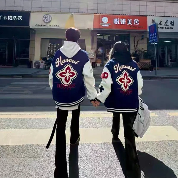 棒球服情侣装美式复古刺绣撞色毛呢男女秋冬款立领加厚夹克外套潮