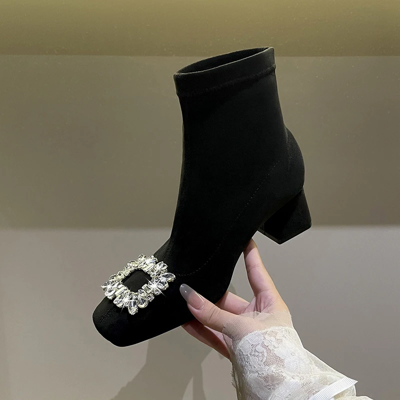 水钻扣绒面弹力靴小踝靴马丁靴粗跟短靴女新款秋冬法式复古瘦瘦靴