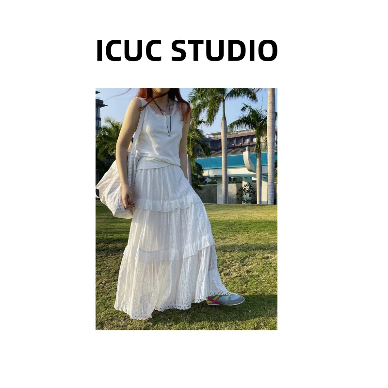 ICUC定制-【蕾丝镂空钩花白色蛋糕裙】早春新款高腰显瘦半身裙7202