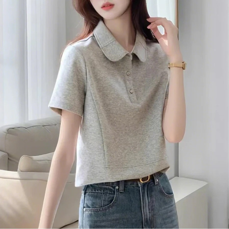 韩版时尚通勤polo领小衫短袖T恤女夏季新款翻领正肩显瘦气质上衣