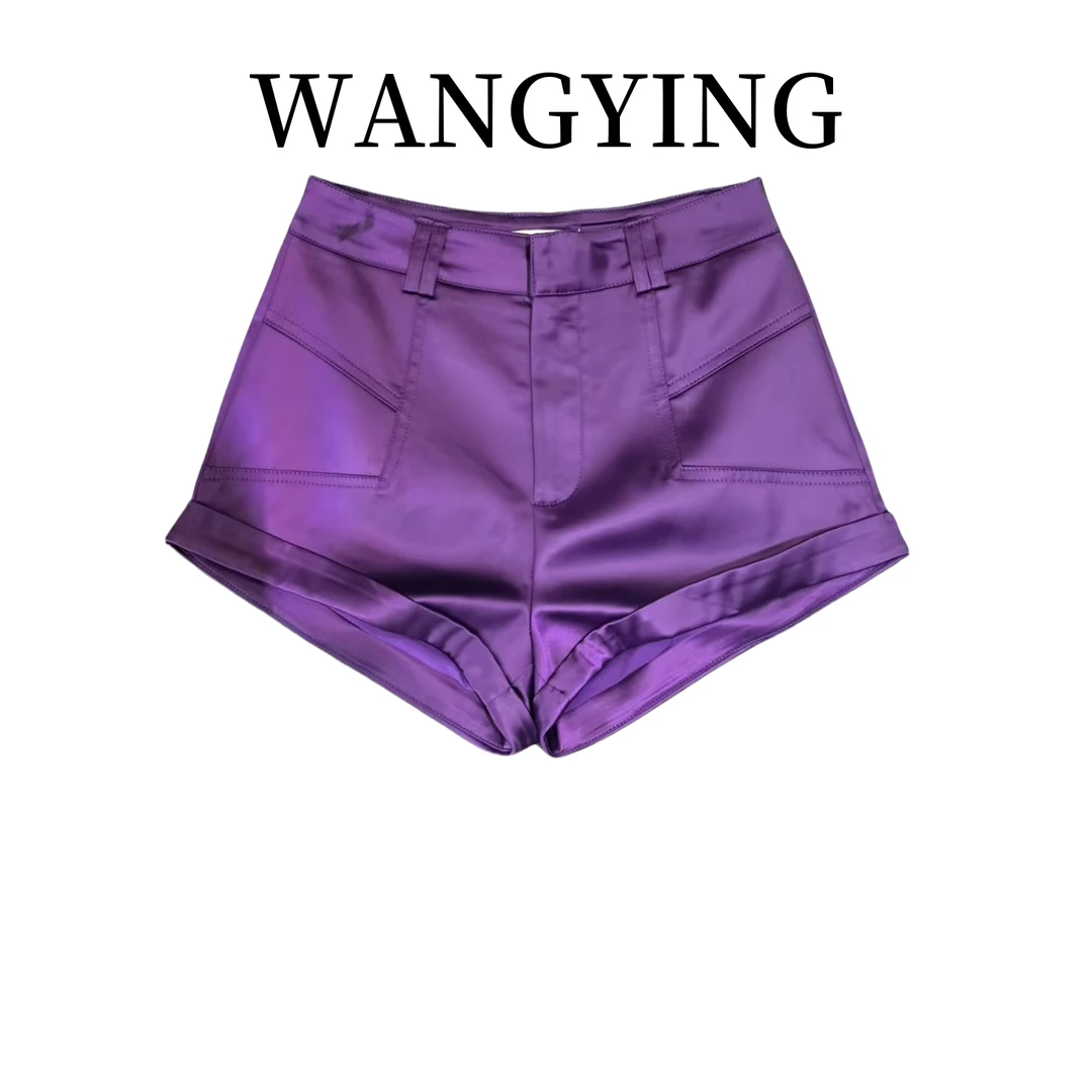 时尚气质百搭卷边缎面短裤50370354 341