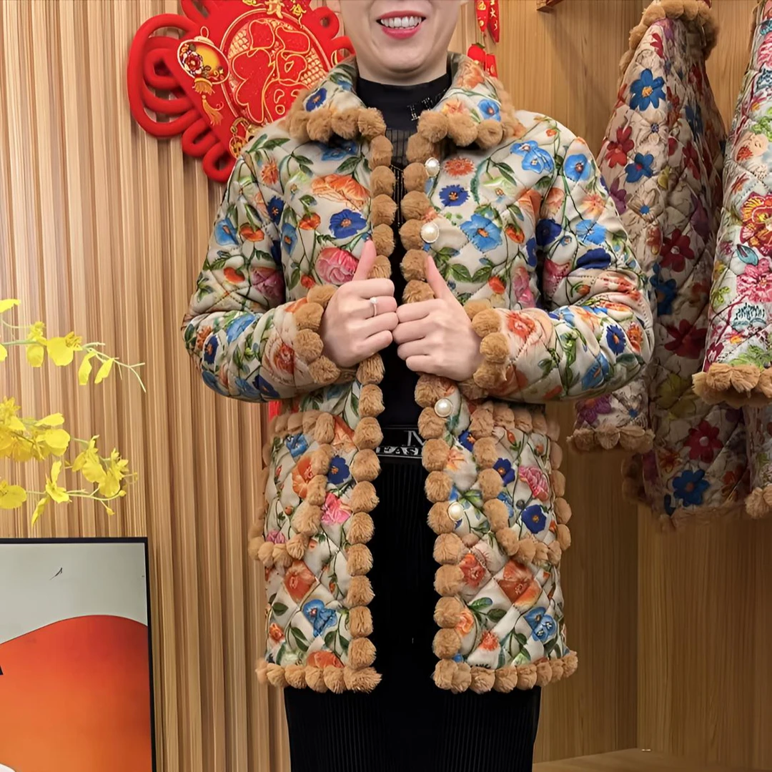 妈妈装冬季新款加绒加厚中长款气质碎花棉袄保暖好看中年妈妈装