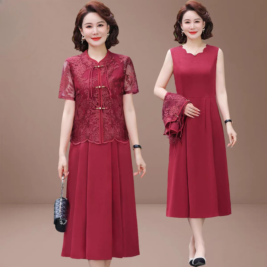 喜妈妈夏装婚宴装平时可穿连衣裙高贵结婚礼服喜婆婆端庄大气套装