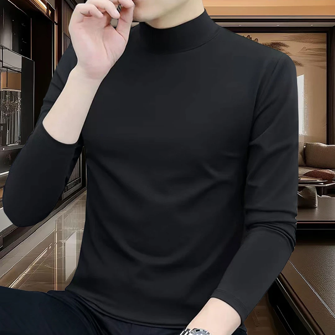 2025年秋季潮牌纯色半高领痞帅男士长袖T恤秋冬潮流德绒打底衫