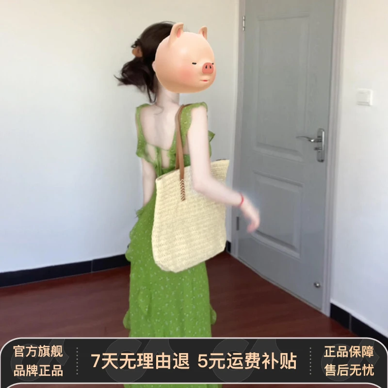 绿色吊带碎花连衣裙子女夏季2025年海边度假夏日绝美沙滩露背长裙