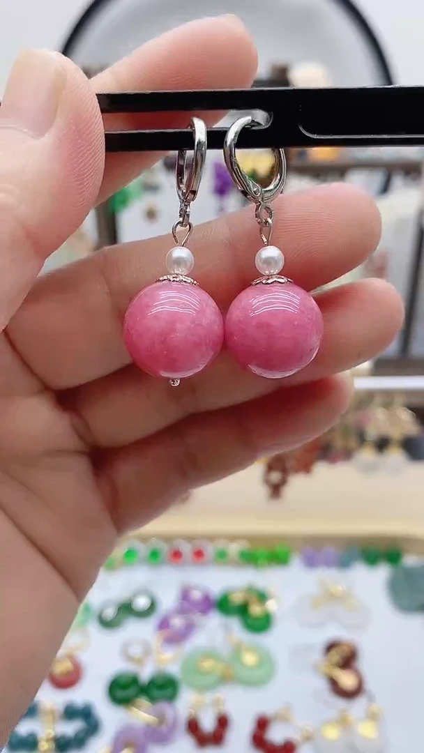 银S925镶嵌菱锰矿(红纹石)耳饰175