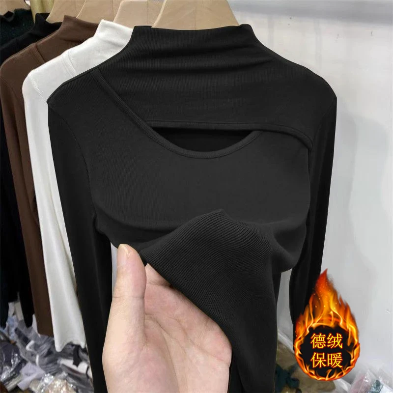 新款秋冬德绒黑色镂空长袖打底衫女内搭洋气显瘦设计感保暖上衣潮