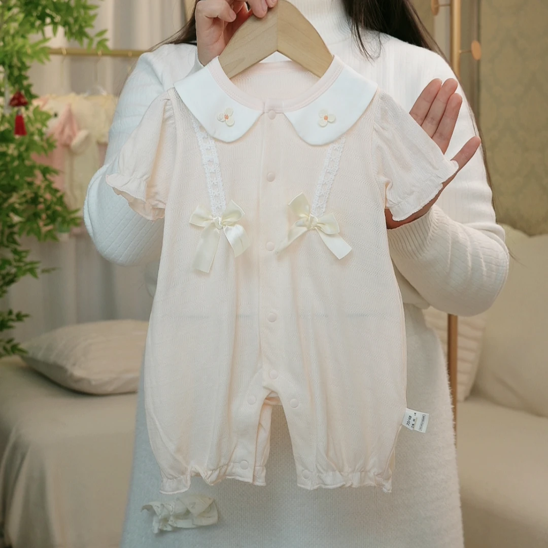 婴儿连体衣女宝宝纯棉哈衣初生短袖夏装衣服满月公主爬服