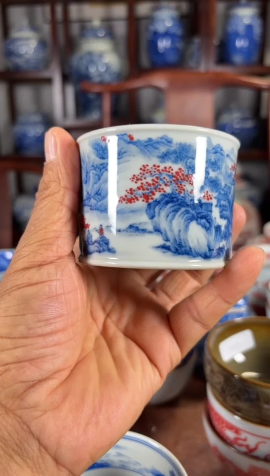 柴窑青花釉里红山水杯杯