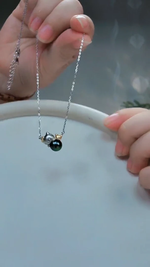 银S925镶嵌颈饰海水珍珠大溪地猫咪吊坠项链