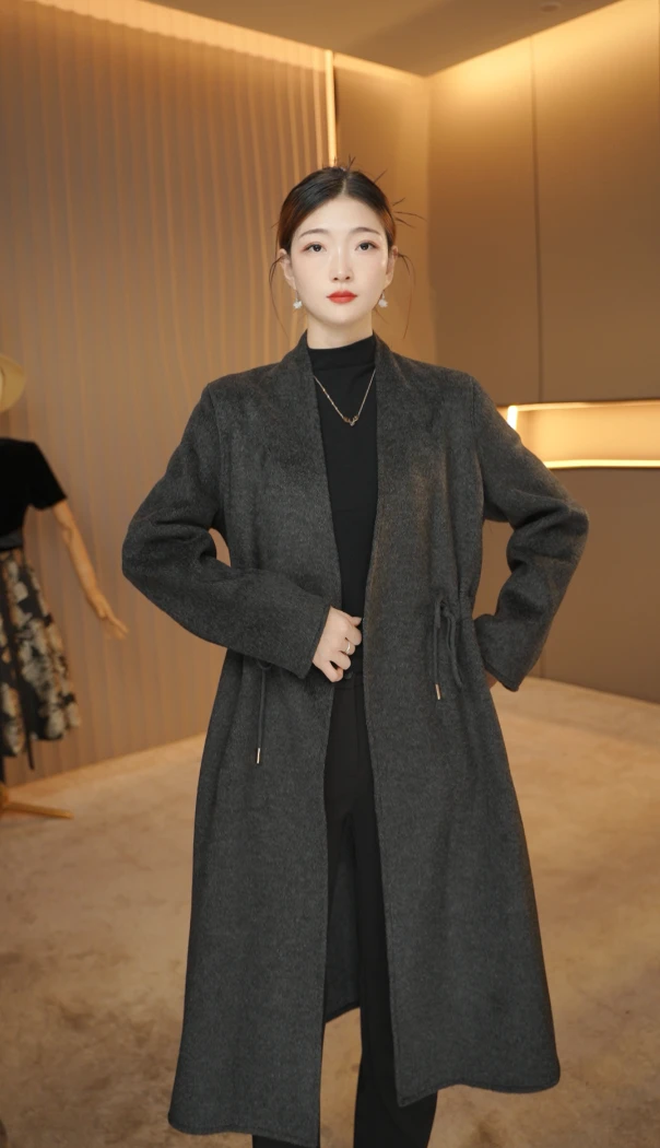 2025秋冬新款双面羊毛外套女气质宽松百搭系带休闲