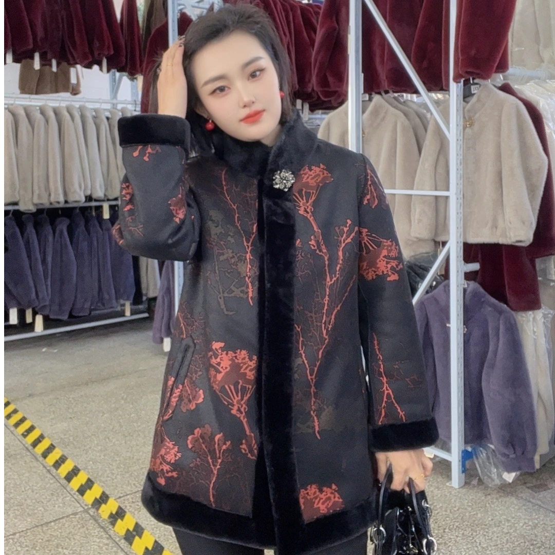 烫金中长款皮毛外套秋冬加厚保暖妈妈装时尚气质减龄款女士加绒