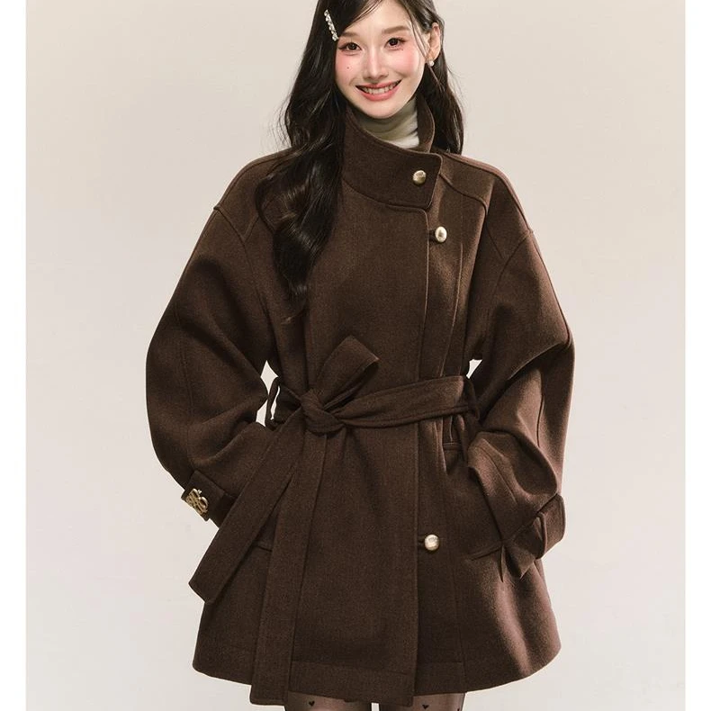 炽铂 复古高级感立领毛呢外套秋冬新款系带收腰显瘦气质棕色大衣